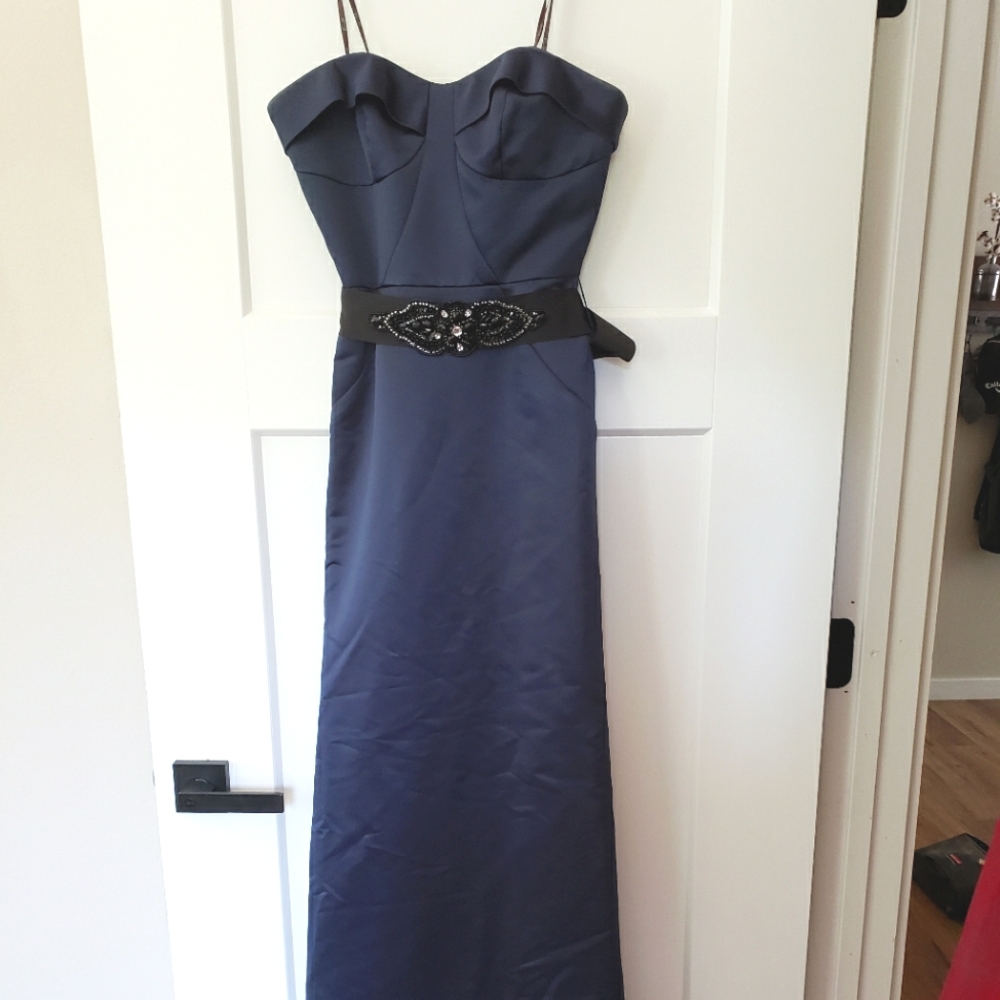 Strapless Navy Belted Maxi Dress